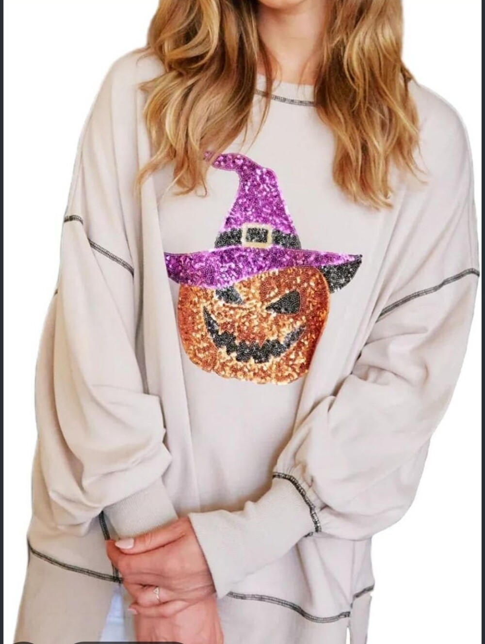 Halloween Sequin Jack O Lantern Witch Hat Cream Sweatshirt M